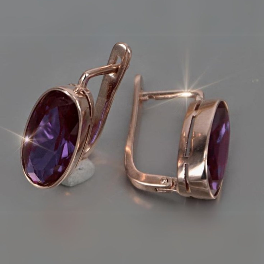 Yuvarlak Mor Cam Altın Küpe