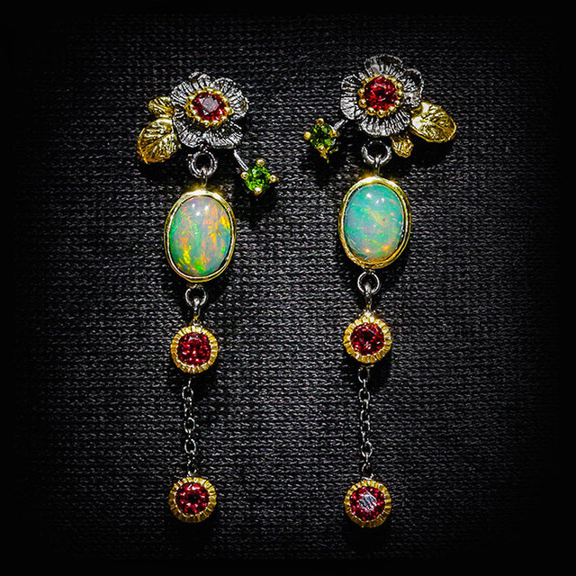 Opal ve Kırmızı Kristalli Vintage Küpeler