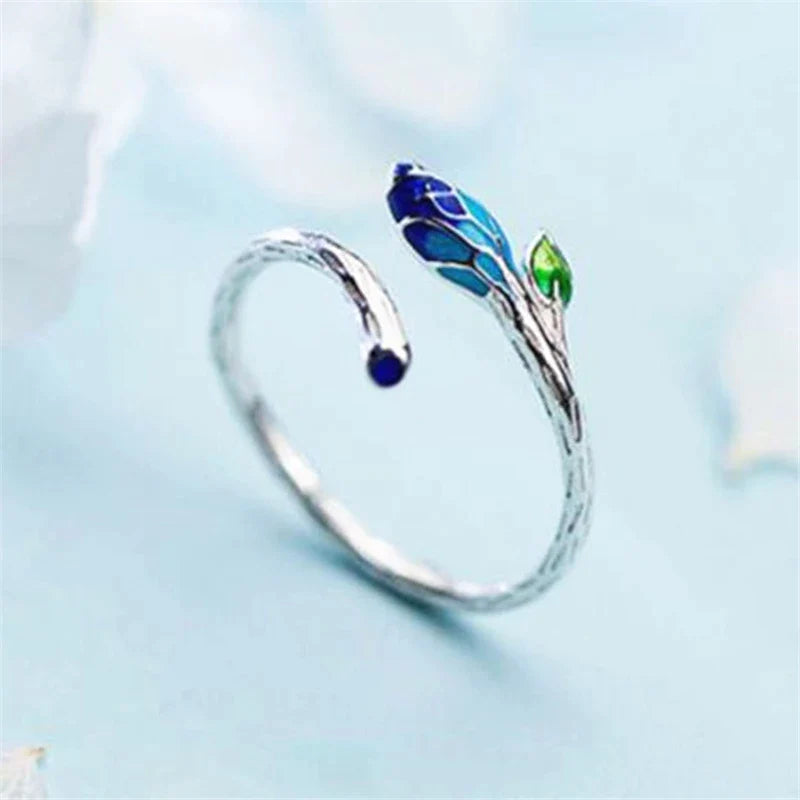 Gümüş Mavi Çiçek Yapraklı Emaye Yüzük