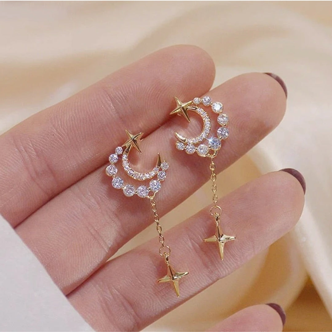 Altın Zirkon Taşlı Egzotik Ay Kolye Küpe