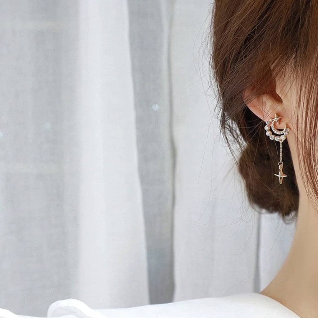 Altın Zirkon Taşlı Egzotik Ay Kolye Küpe