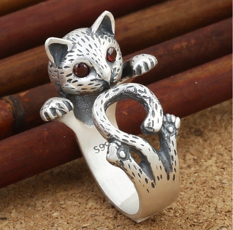 Ayarlanabilir El Boyaması Kedi Yüzük 925 Ayar Gümüş