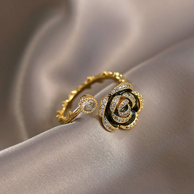 Altın Zirkon Taşlı Siyah Lotus Ayarlanabilir Yüzük