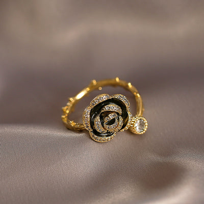 Altın Zirkon Taşlı Siyah Lotus Ayarlanabilir Yüzük